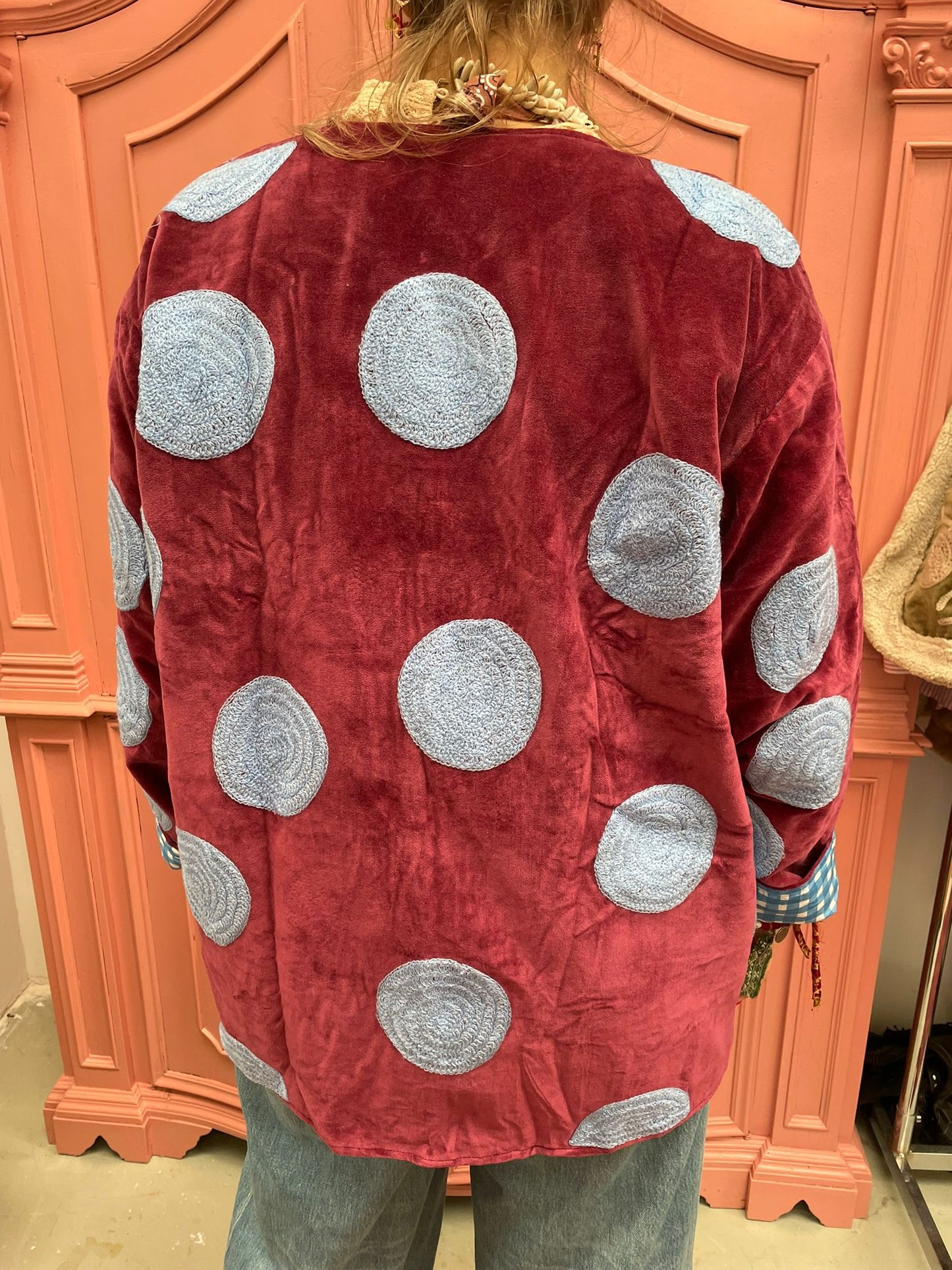 Velvet embroidery Dots Roodbruin blauw