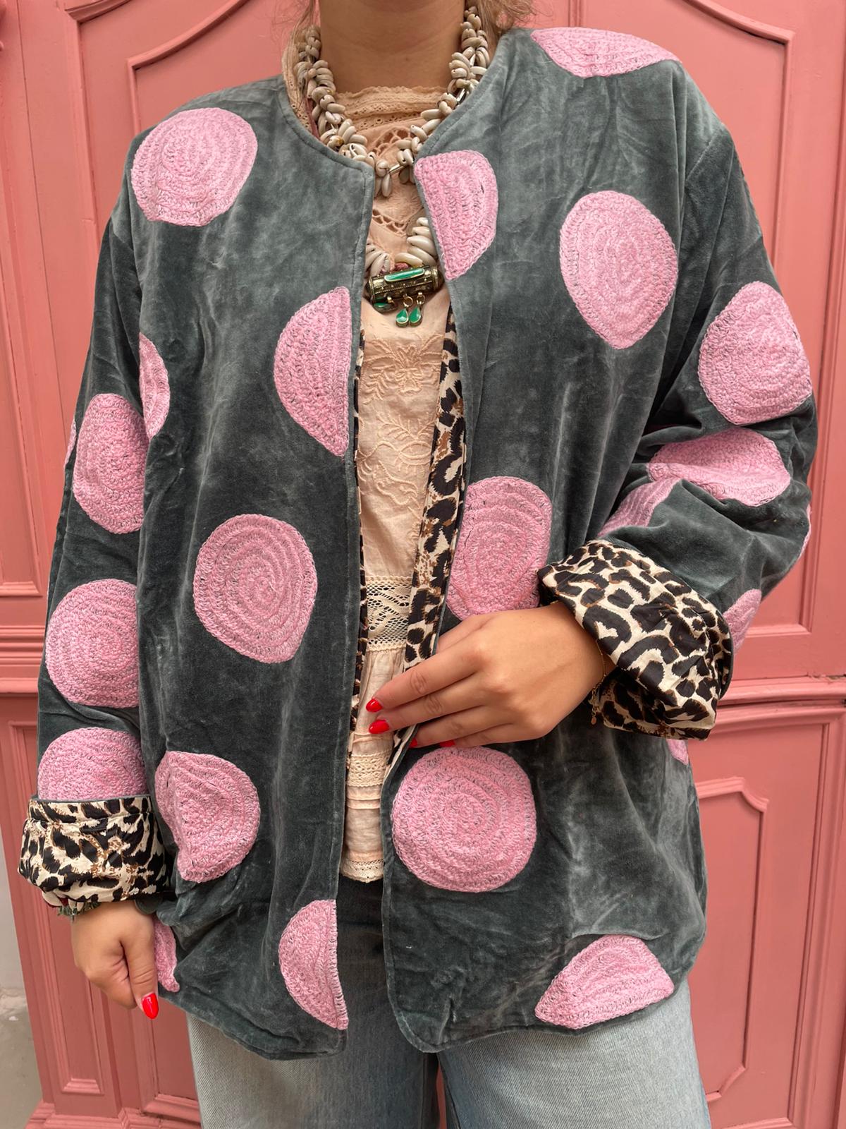 Velvet embroidery Pink Dots