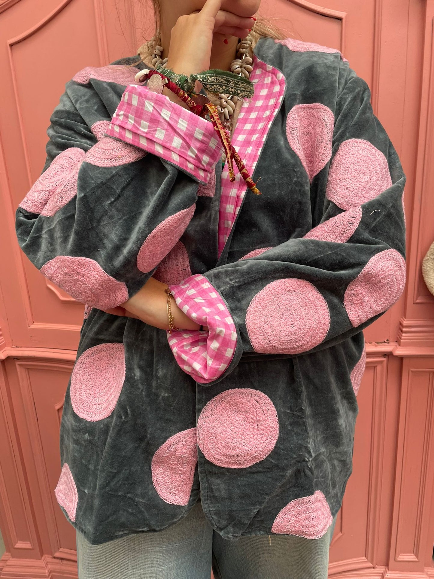 Velvet embroidery Pink Dots