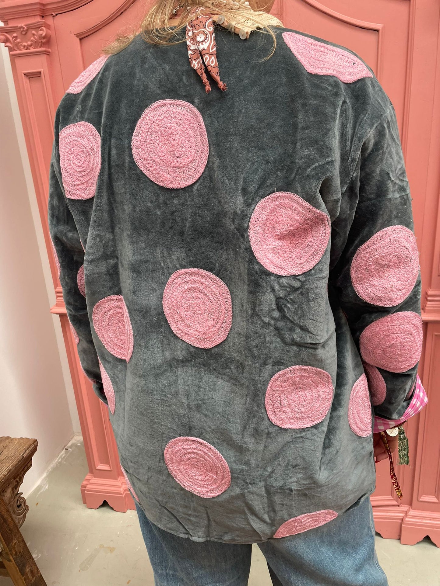 Velvet embroidery Pink Dots