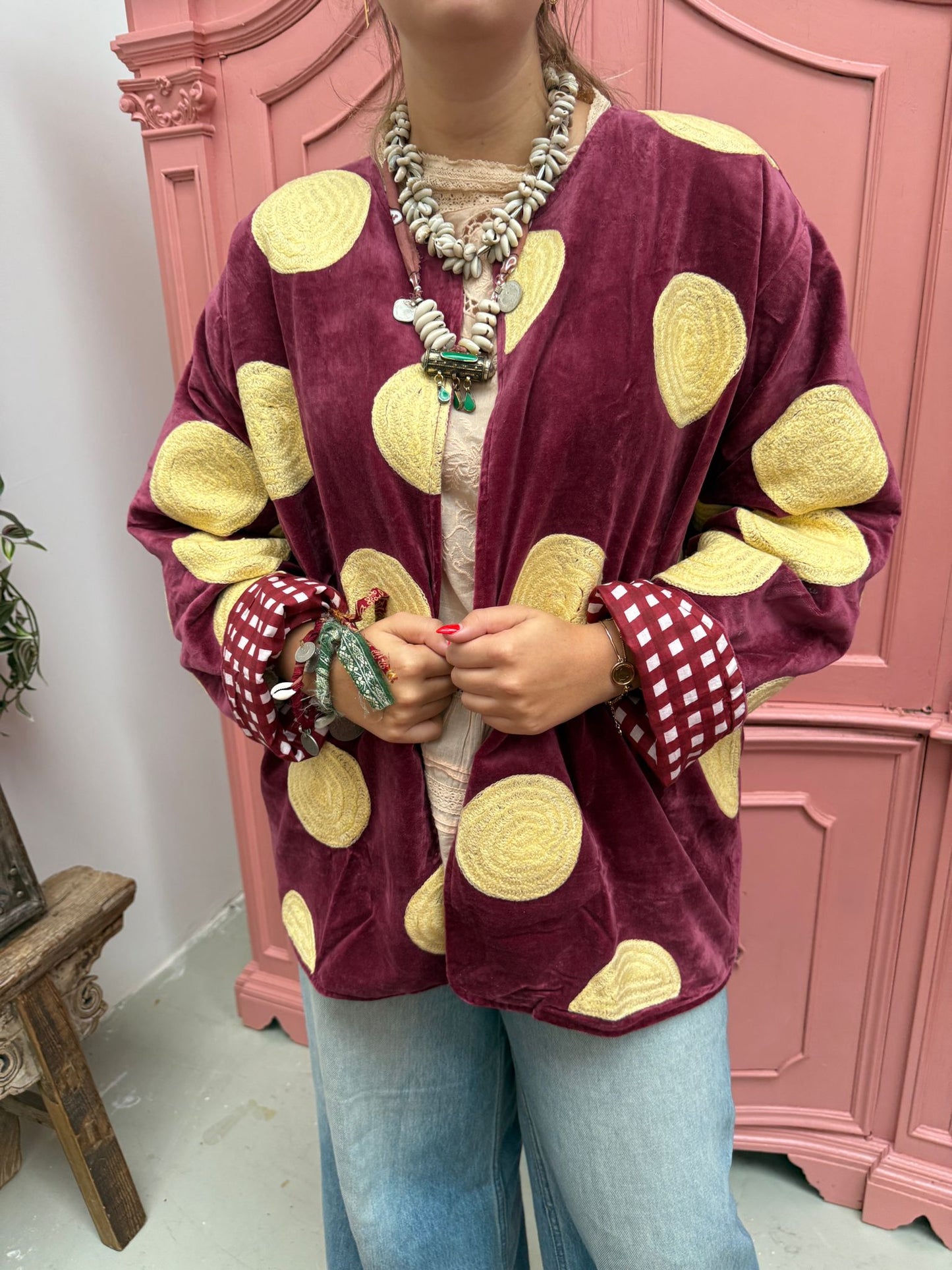 Velvet embroidery Yellow dots