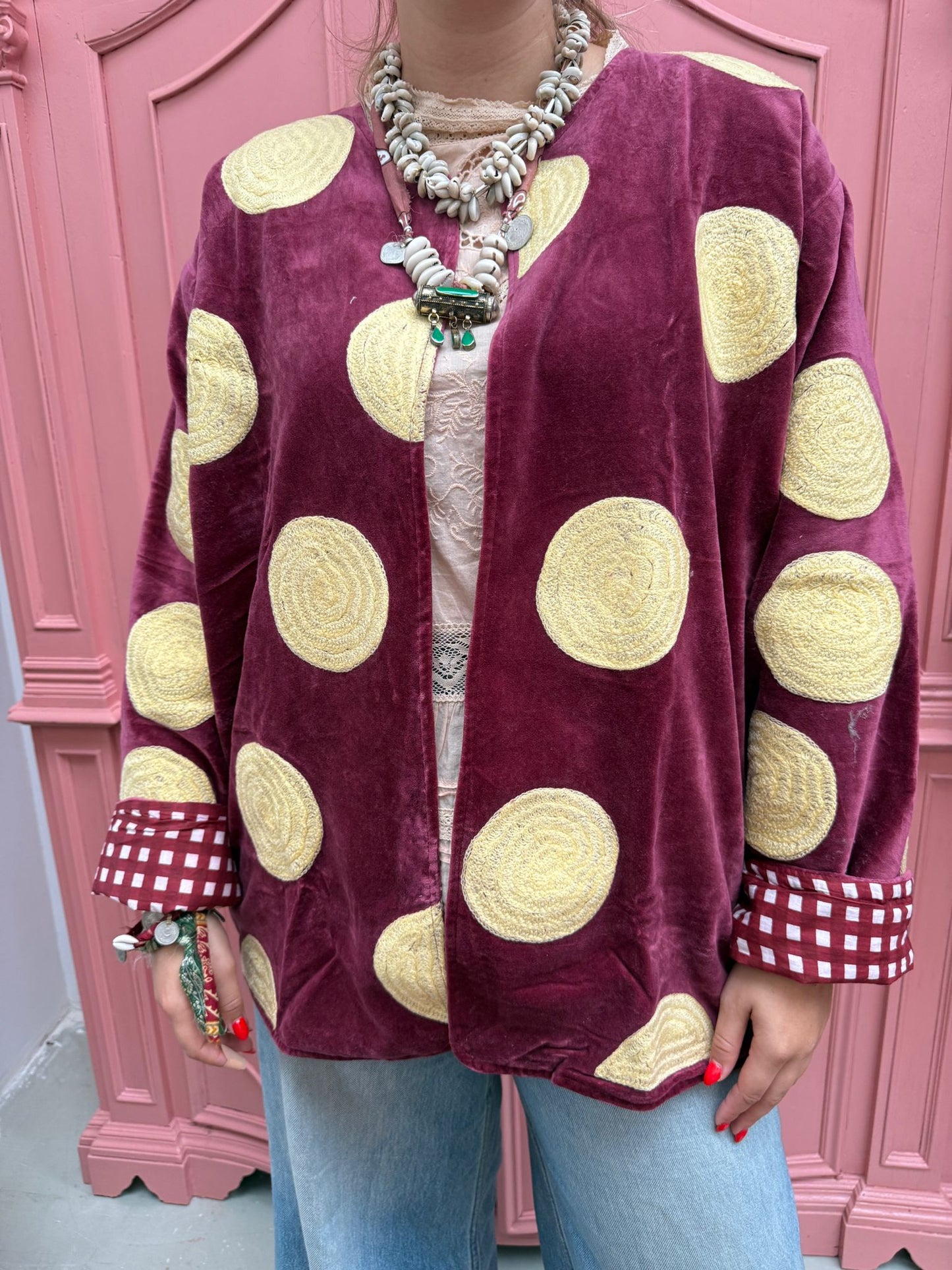 Velvet embroidery Yellow dots
