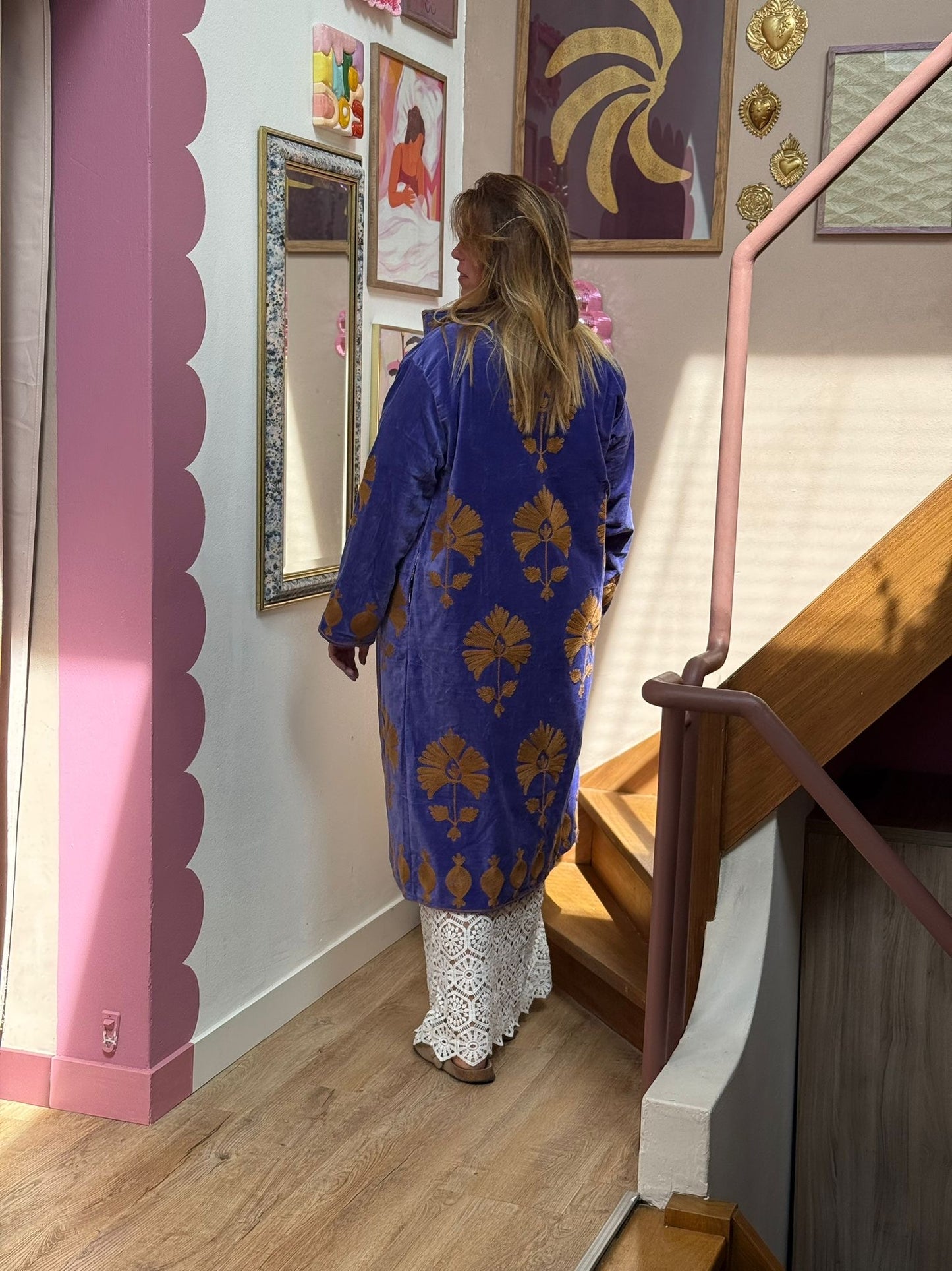 Long velvet Embroidery jas lavendel beige panter
