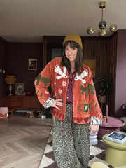 Velvet embroidery jacket birds roestbruin