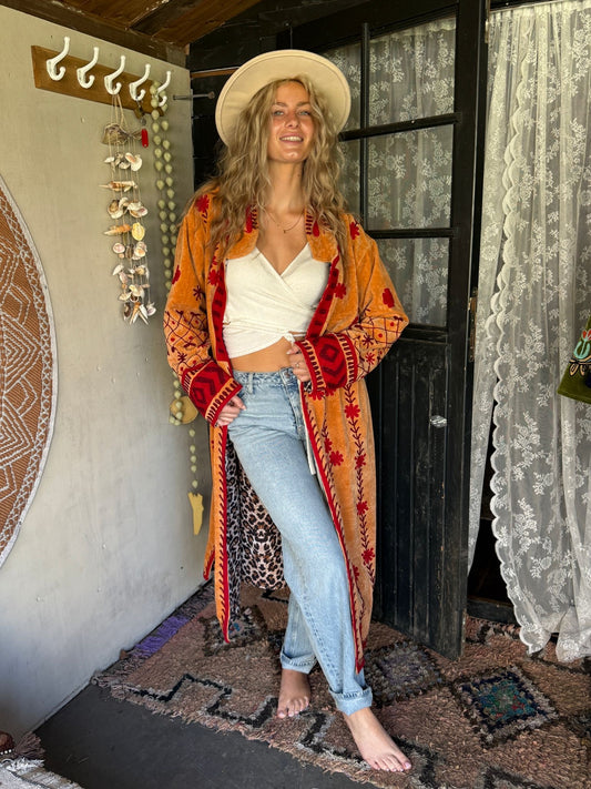 Long velvet Embroidery jas  orange red panter