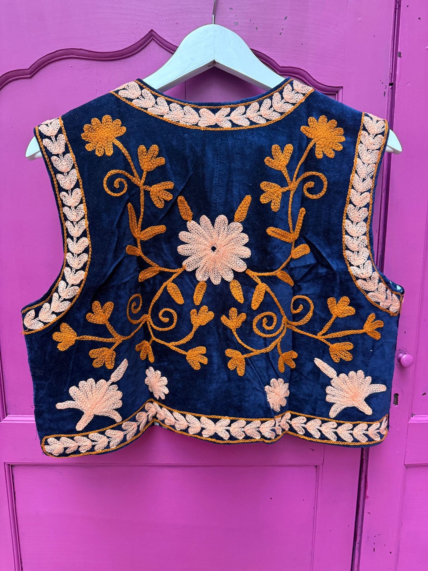 Suzani velvet  Gilet donkerblauw zalm