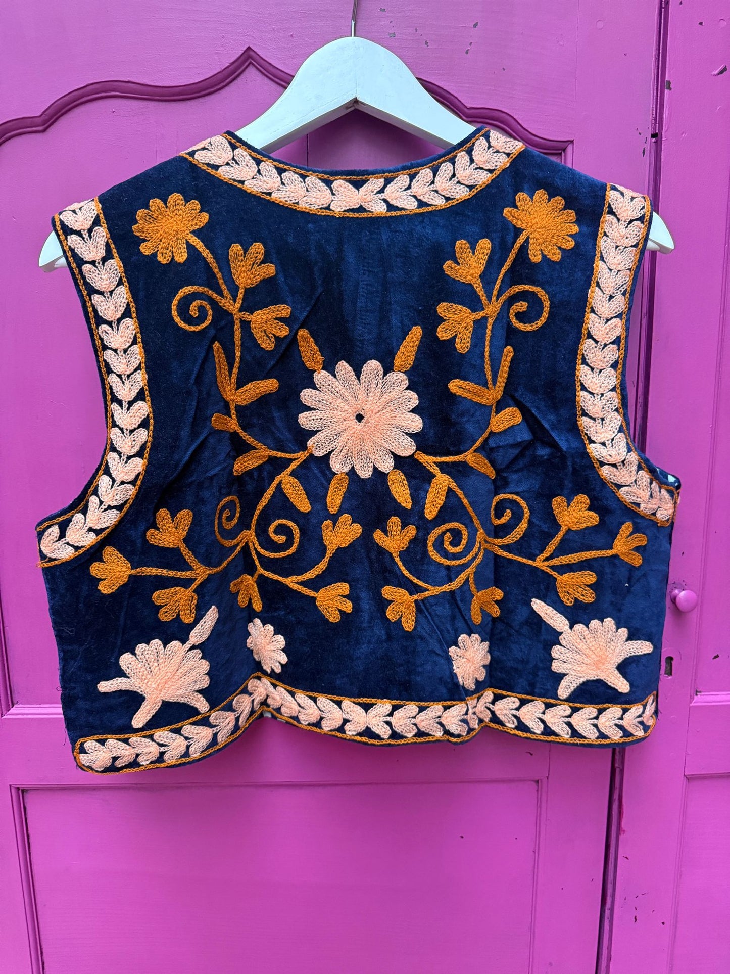 Suzani velvet  Gilet donkerblauw zalm