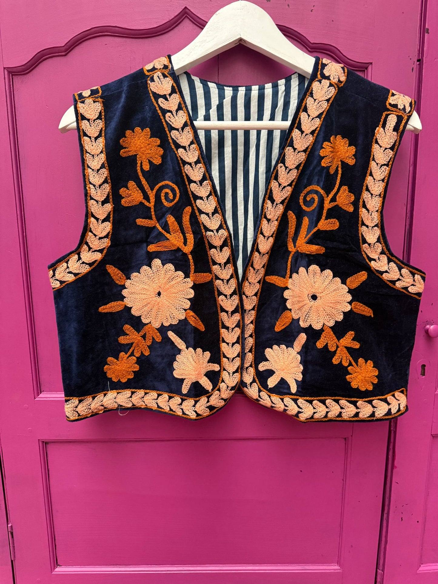 Suzani velvet  Gilet donkerblauw zalm