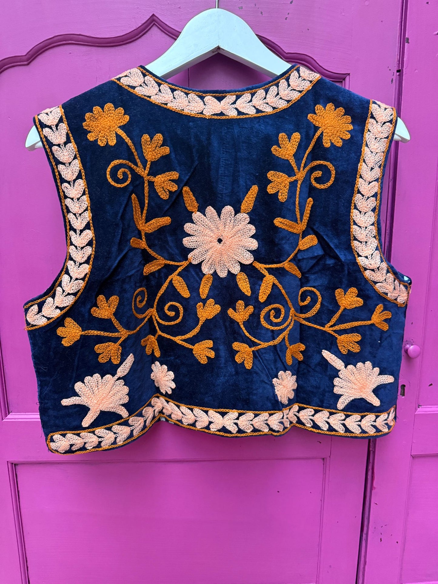 Suzani velvet  Gilet donkerblauw zalm