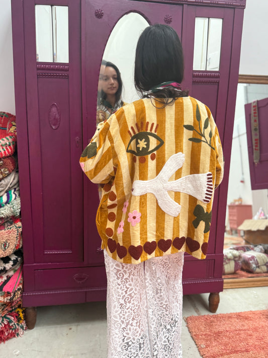 Velvet embroidery jacket birds Oaker stripes