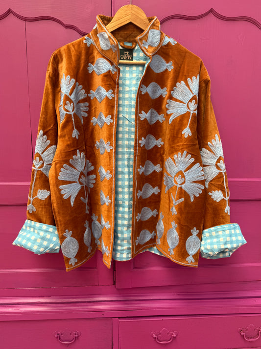 velvet embroidery jacket bruin licht blauw