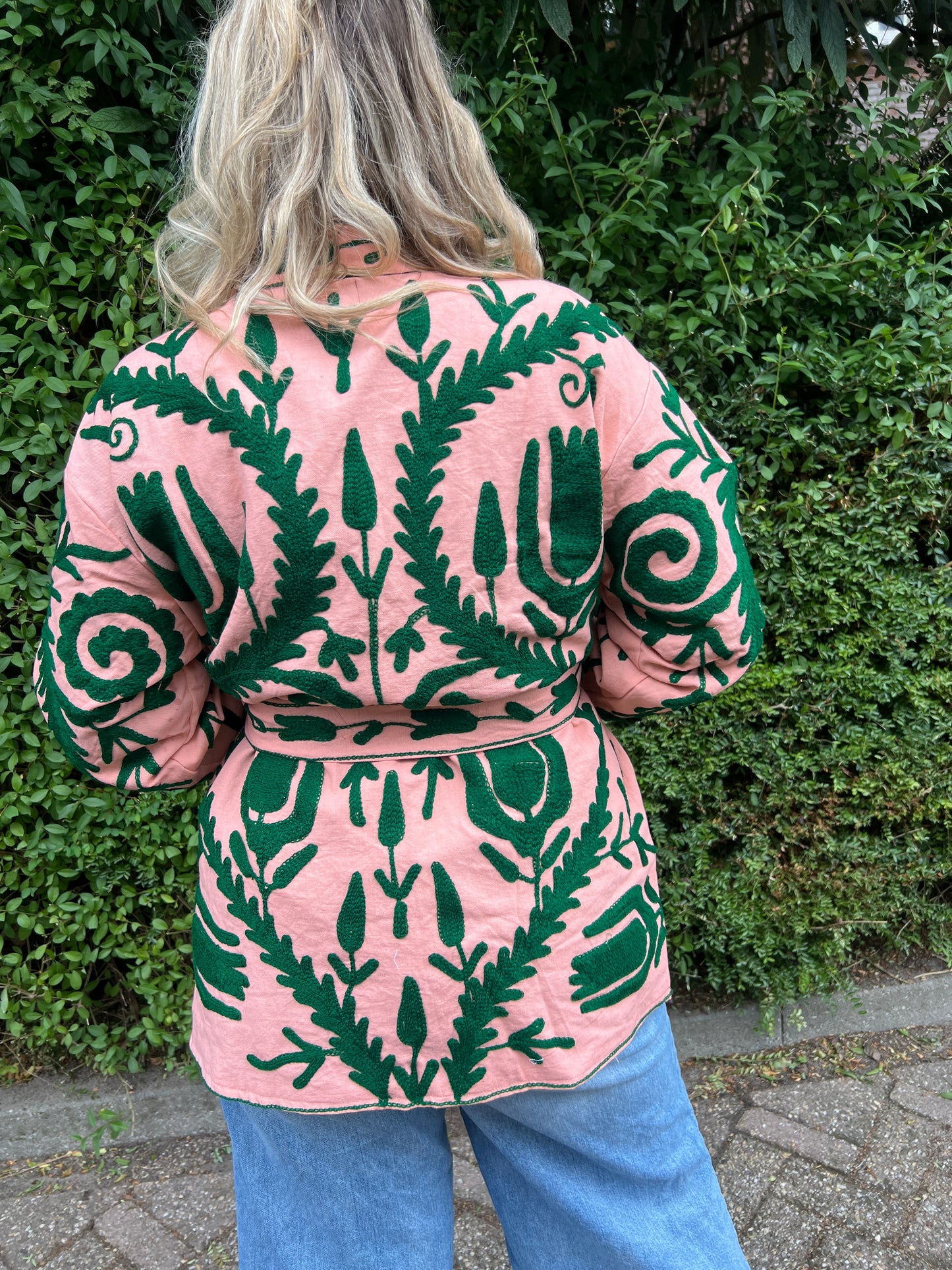 Long cotton Embroidery jas Light pink green