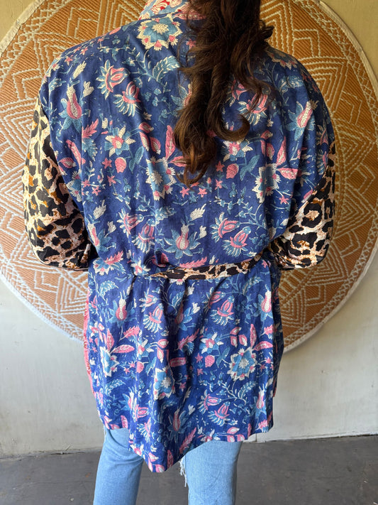 Short cotton kimono block print- panter pink