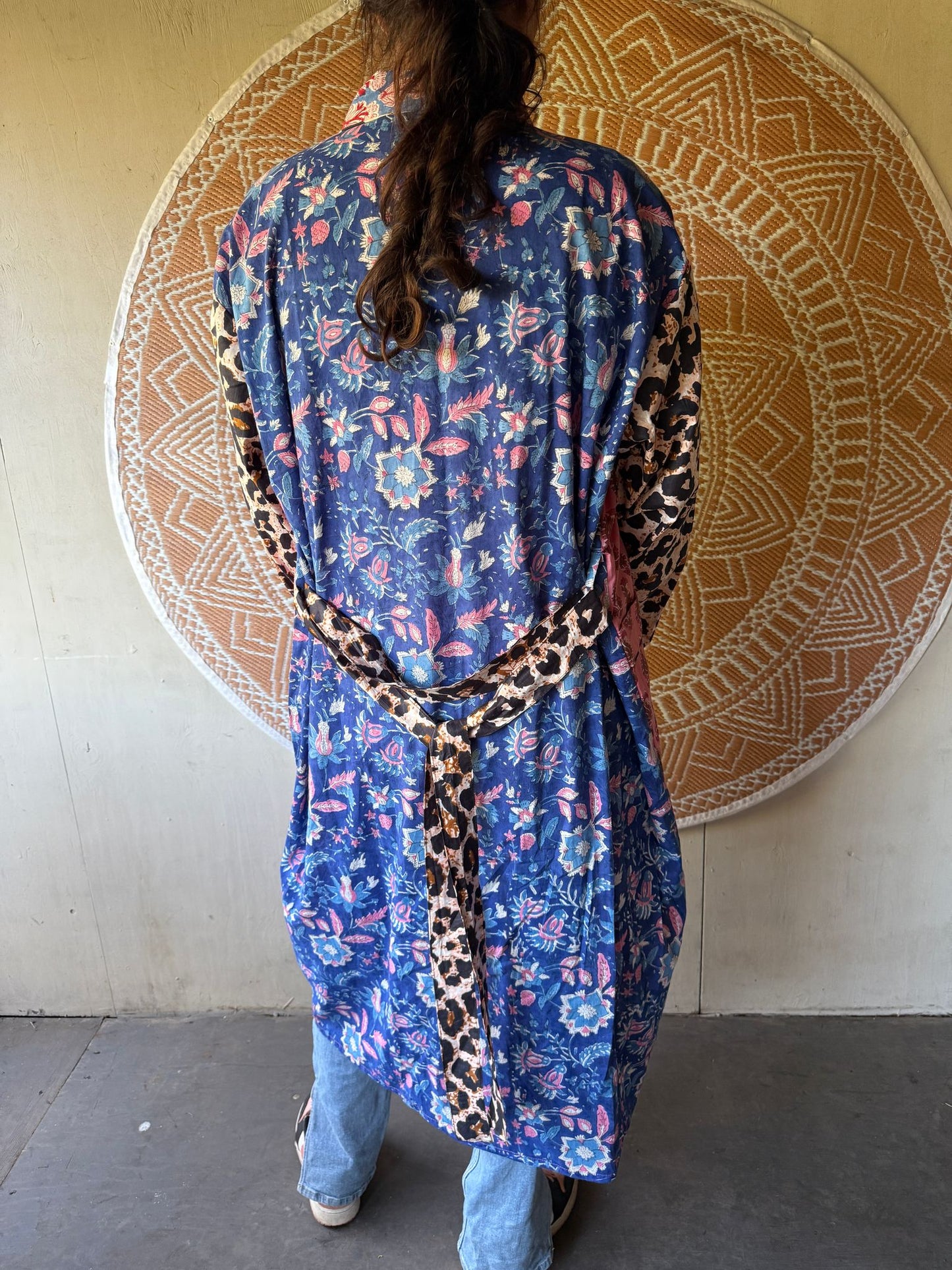 Long cotton kimono block print- panter pink