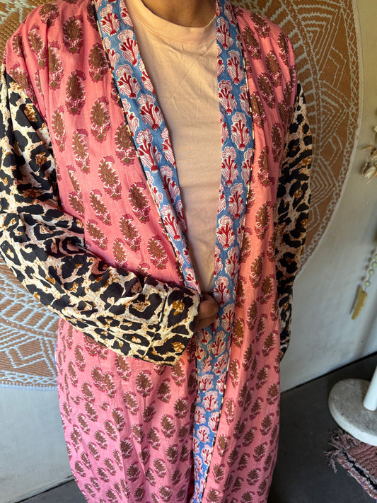 Long cotton kimono block print- panter pink