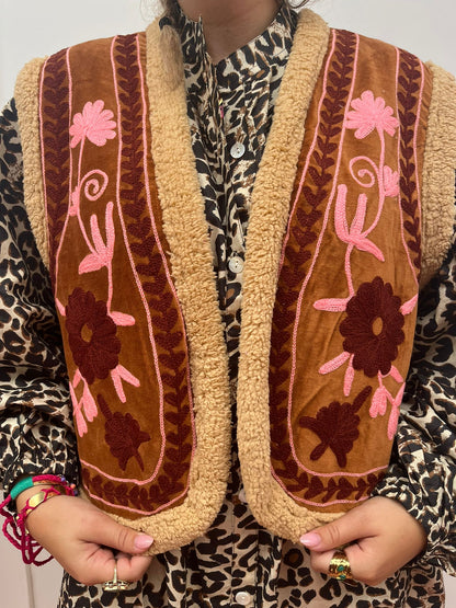 TOUT - Velvet gilet teddy brown pink - Winter - free size (34-42)