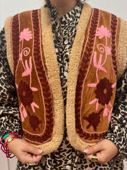 Velvet gilet teddy brown pink