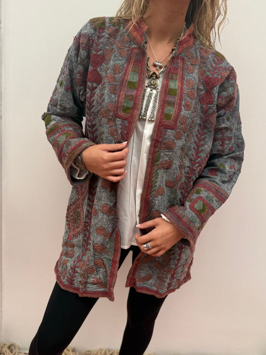 Medium Long cotton Embroidery jas stoned wash