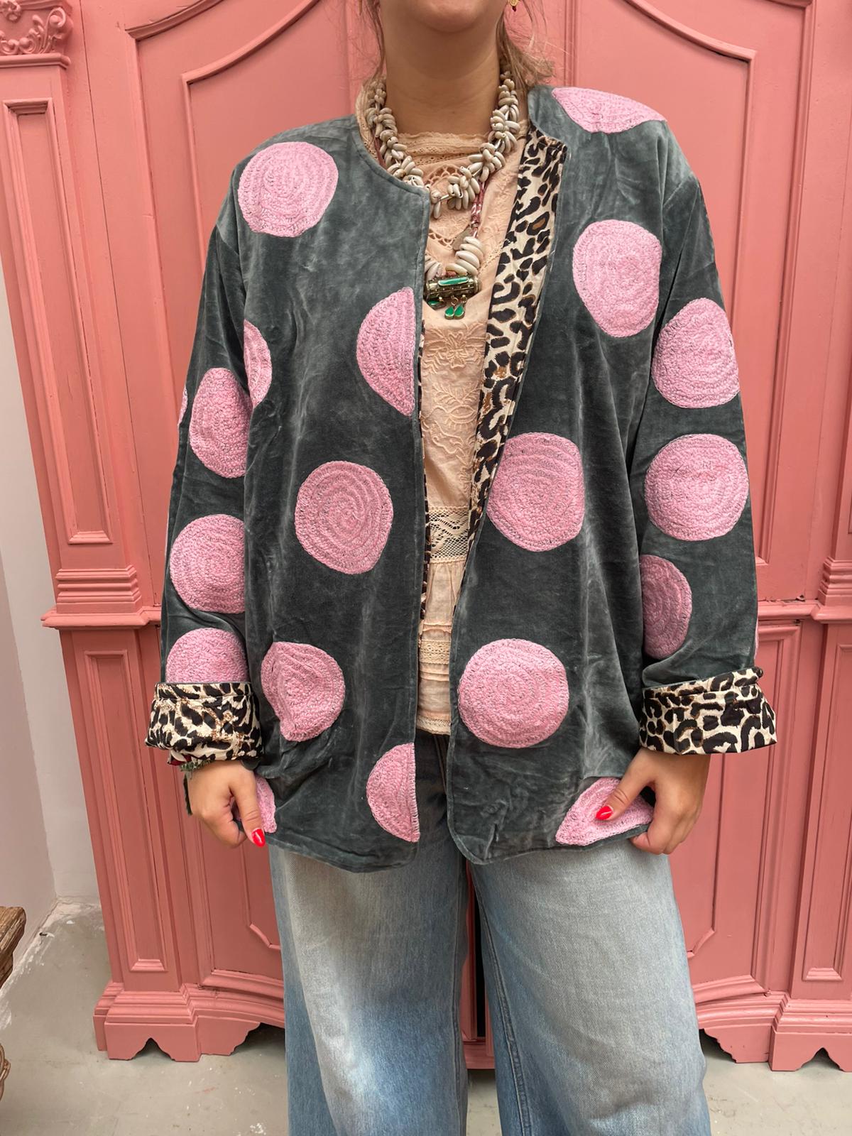 Velvet embroidery Pink Dots