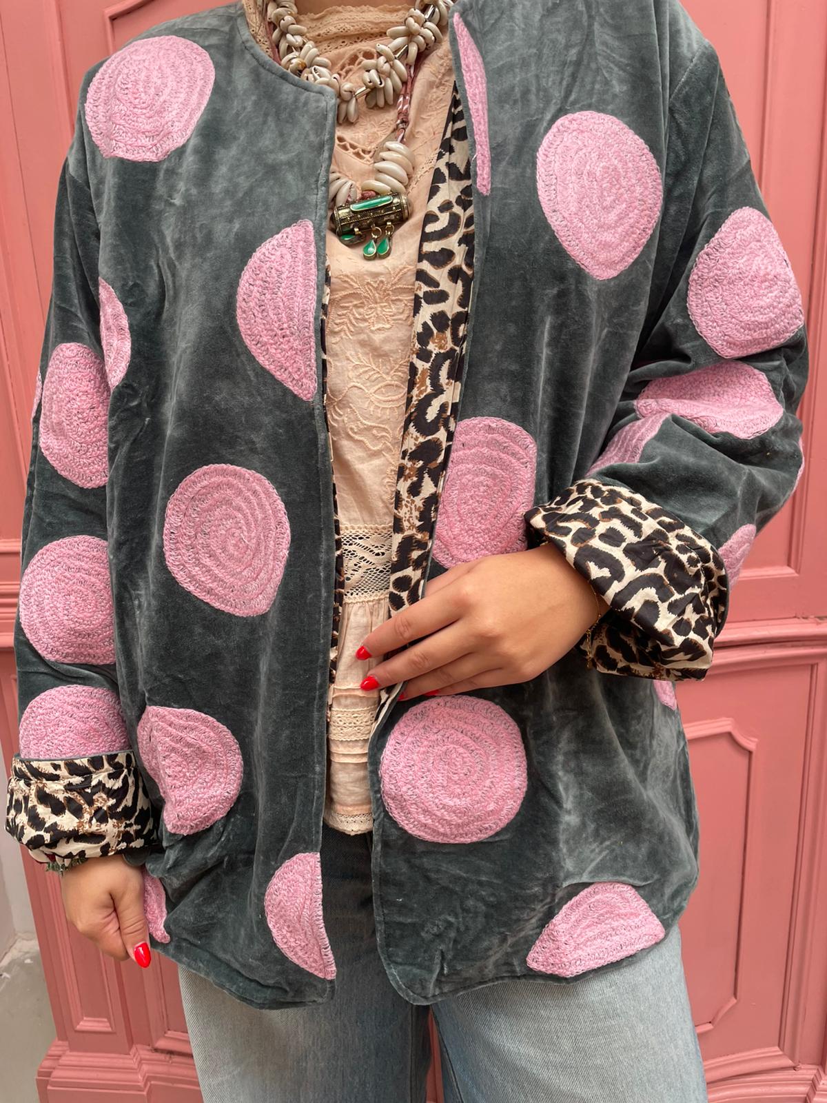 Velvet embroidery Pink Dots