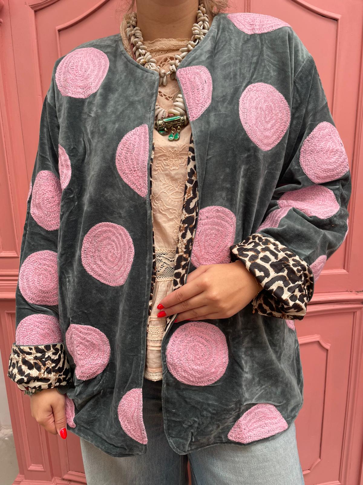 Velvet embroidery Pink Dots
