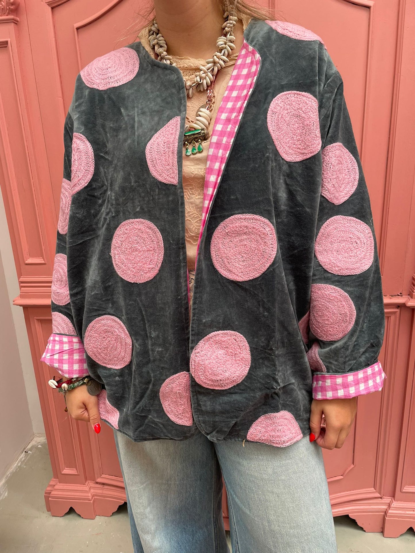 Velvet embroidery Pink Dots