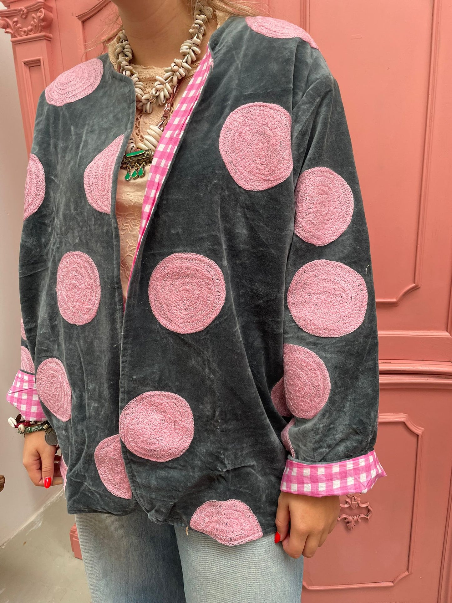 Velvet embroidery Pink Dots
