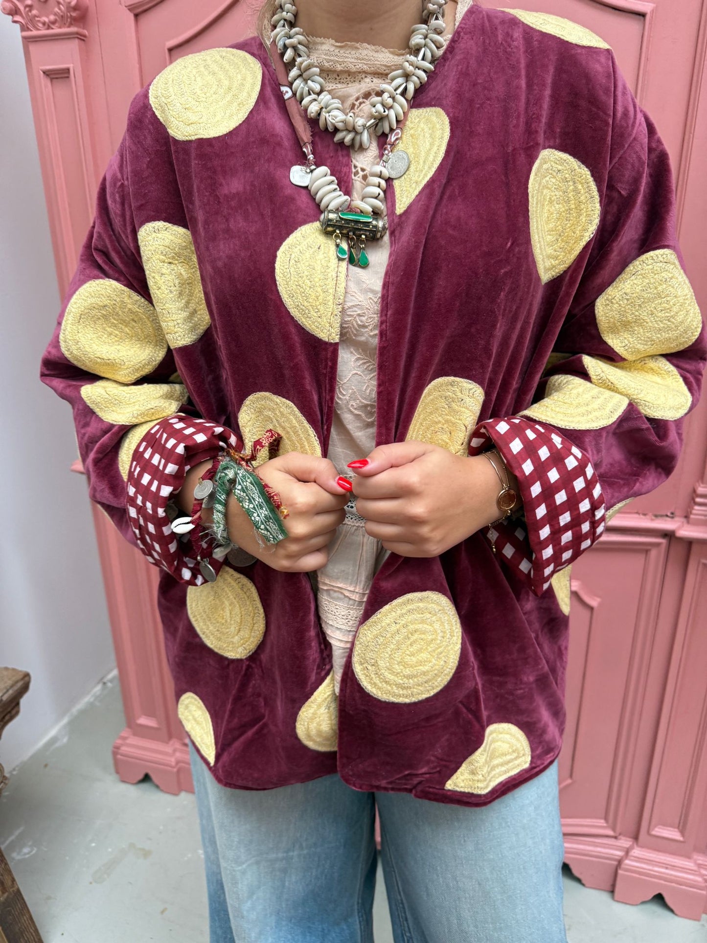 Velvet embroidery Yellow dots