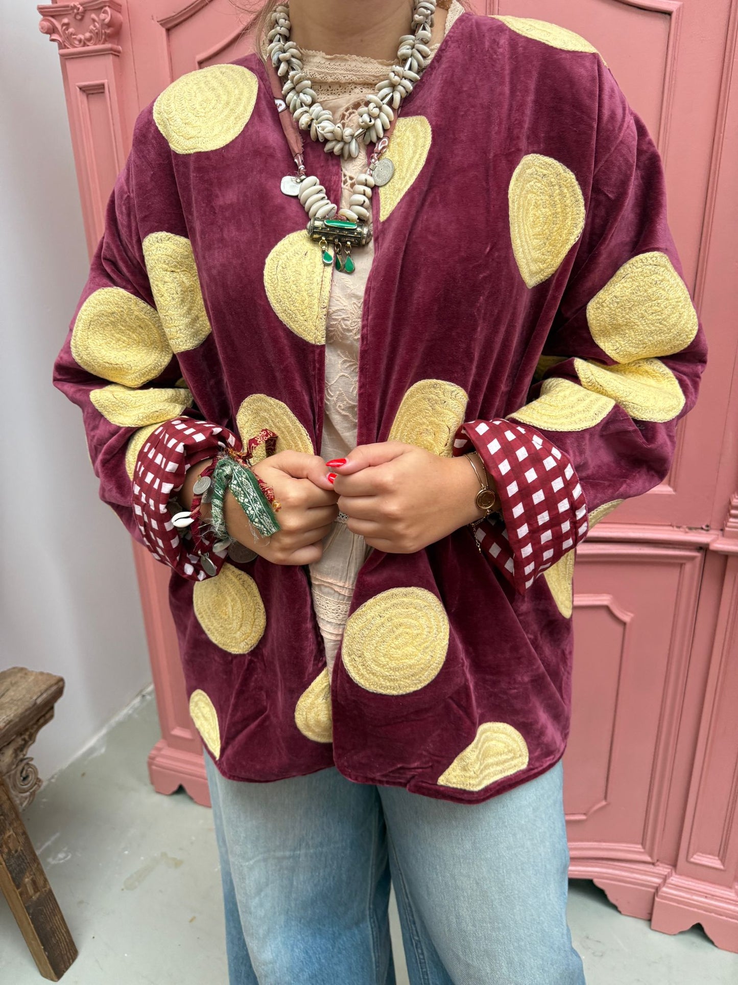Velvet embroidery Yellow dots