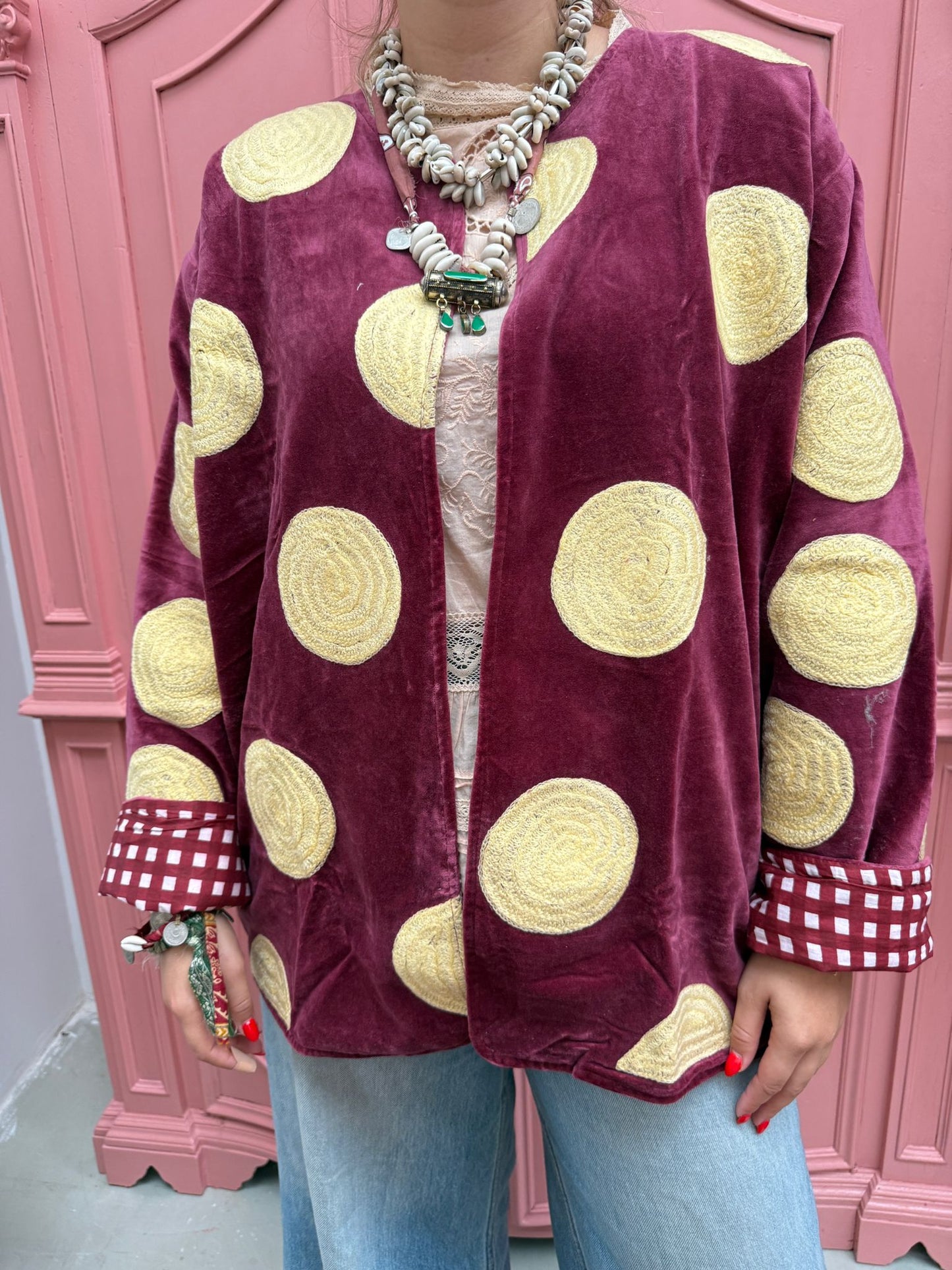 Velvet embroidery Yellow dots