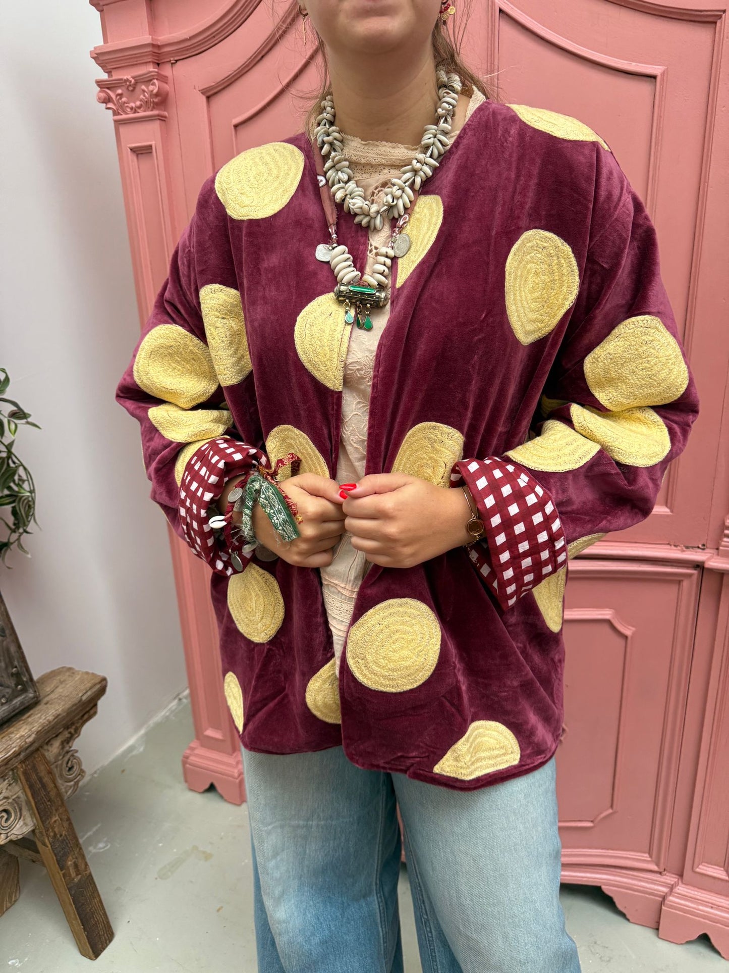 Velvet embroidery Yellow dots