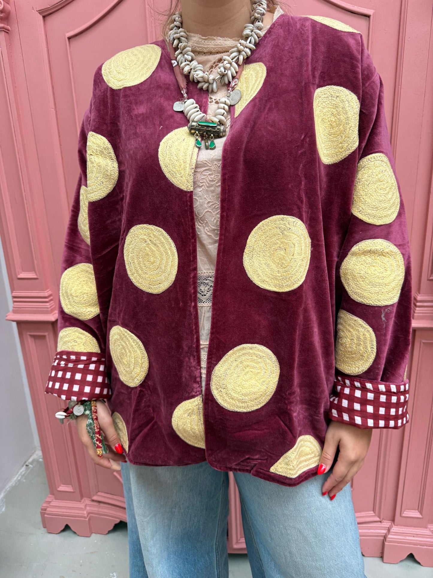 Velvet embroidery Yellow dots