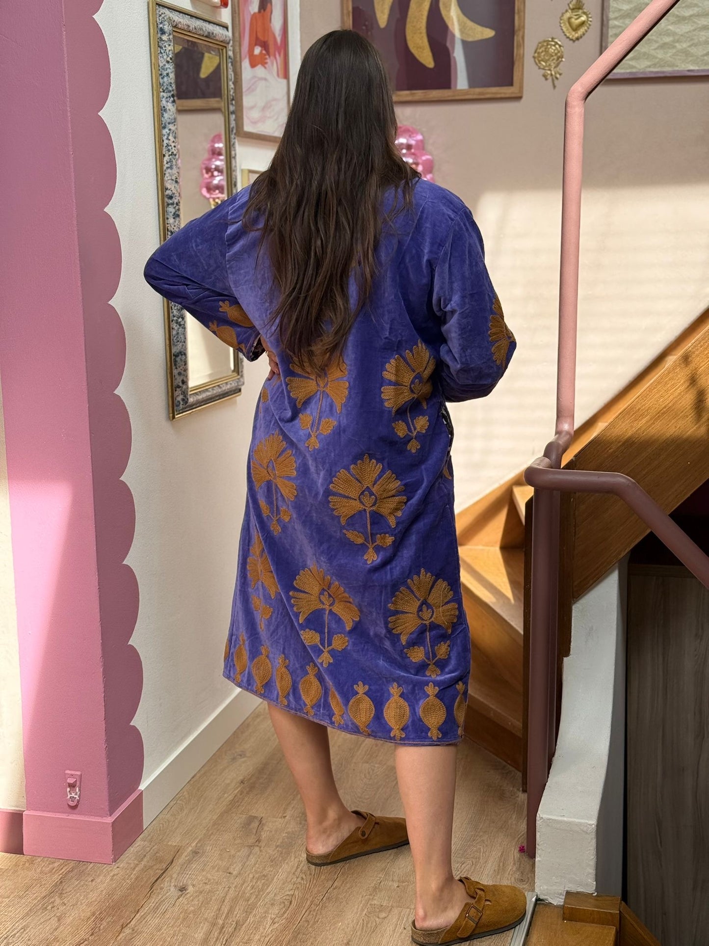 Long velvet Embroidery jas  lavendel beige panter