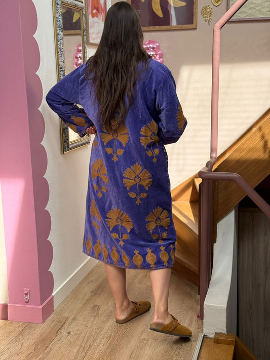 Long velvet Embroidery jas  lavendel beige panter